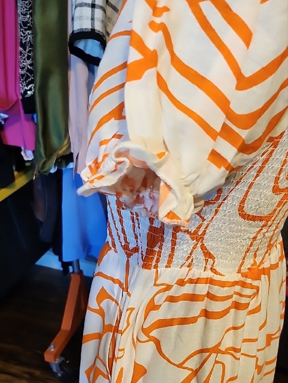 Orange Floral-Print Puff Sleeve Smocked Midi Dress - Picture 3 of 5